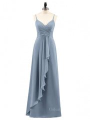 Bridesmaid Dresses Peach, Dusty Blue Straps A-line Ruffles Long Bridesmaid Dress