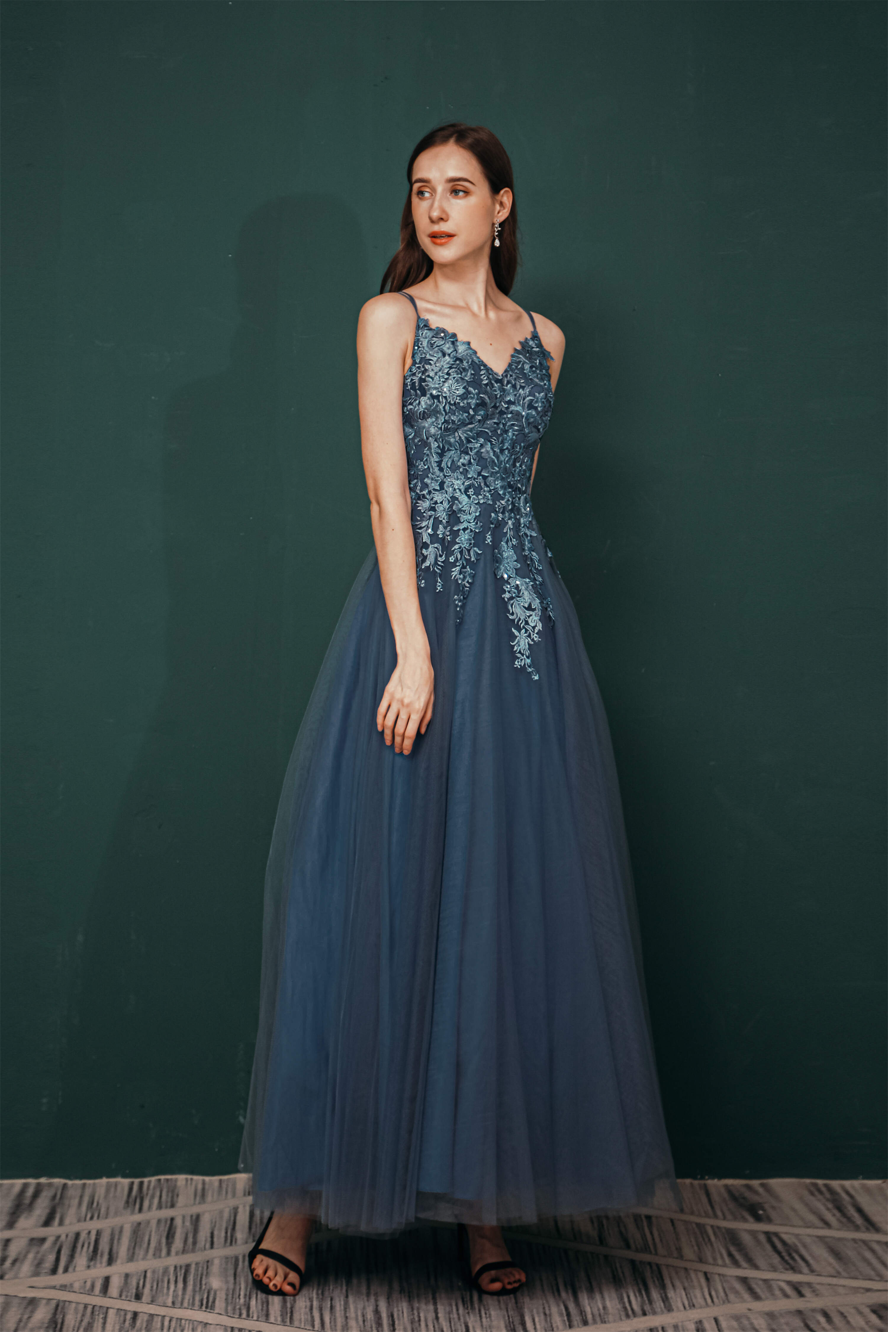 Party Dress Dress Code, Dusty Blue Tulle A-line Low back Spaghetti strap Prom Dresses