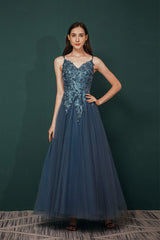 Party Dress Long, Dusty Blue Tulle A-line Low back Spaghetti strap Prom Dresses