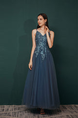 Party Dresses Long, Dusty Blue Tulle A-line Low back Spaghetti strap Prom Dresses