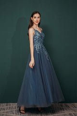 Party Dresses Long Dresses, Dusty Blue Tulle A-line Low back Spaghetti strap Prom Dresses