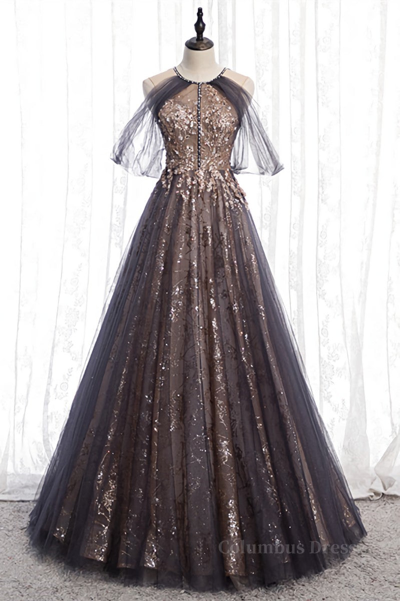 Prom Dresses Lace, Dusty Brown Bow Tie Beaded Appliques Off-the-Shoulder Maxi Formal Dress