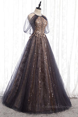 Prom Dresses With Sleeves, Dusty Brown Bow Tie Beaded Appliques Off-the-Shoulder Maxi Formal Dress