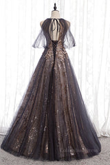 Prom Dresses Blue, Dusty Brown Bow Tie Beaded Appliques Off-the-Shoulder Maxi Formal Dress