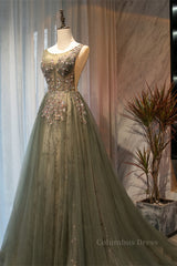 Vacation Dress, Dusty Green A-line Beaded-Embroidered Illusion Neck Long Formal Dress