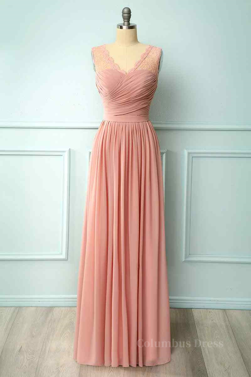 Party Dress Roman, Dusty Pink A-line Illusion Lace Neck Pleated Chiffon Long Bridesmaid Dress