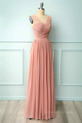 Party Dress Pink, Dusty Pink A-line Illusion Lace Neck Pleated Chiffon Long Bridesmaid Dress