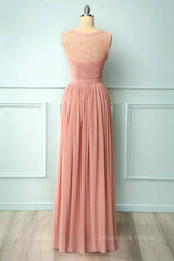 Party Dresses Short Clubwear, Dusty Pink A-line Illusion Lace Neck Pleated Chiffon Long Bridesmaid Dress