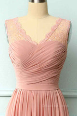 Party Dress Short Clubwear, Dusty Pink A-line Illusion Lace Neck Pleated Chiffon Long Bridesmaid Dress