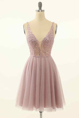 Formal Dresses Winter, Dusty Pink A-line V Neck Sequins Tulle Mini Homecoming Dress