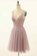 Formal Dress Winter, Dusty Pink A-line V Neck Sequins Tulle Mini Homecoming Dress