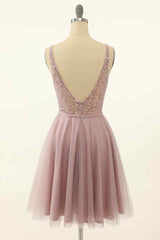 Formal Dress For Winter, Dusty Pink A-line V Neck Sequins Tulle Mini Homecoming Dress
