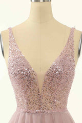 Formal Dresses For Winter, Dusty Pink A-line V Neck Sequins Tulle Mini Homecoming Dress