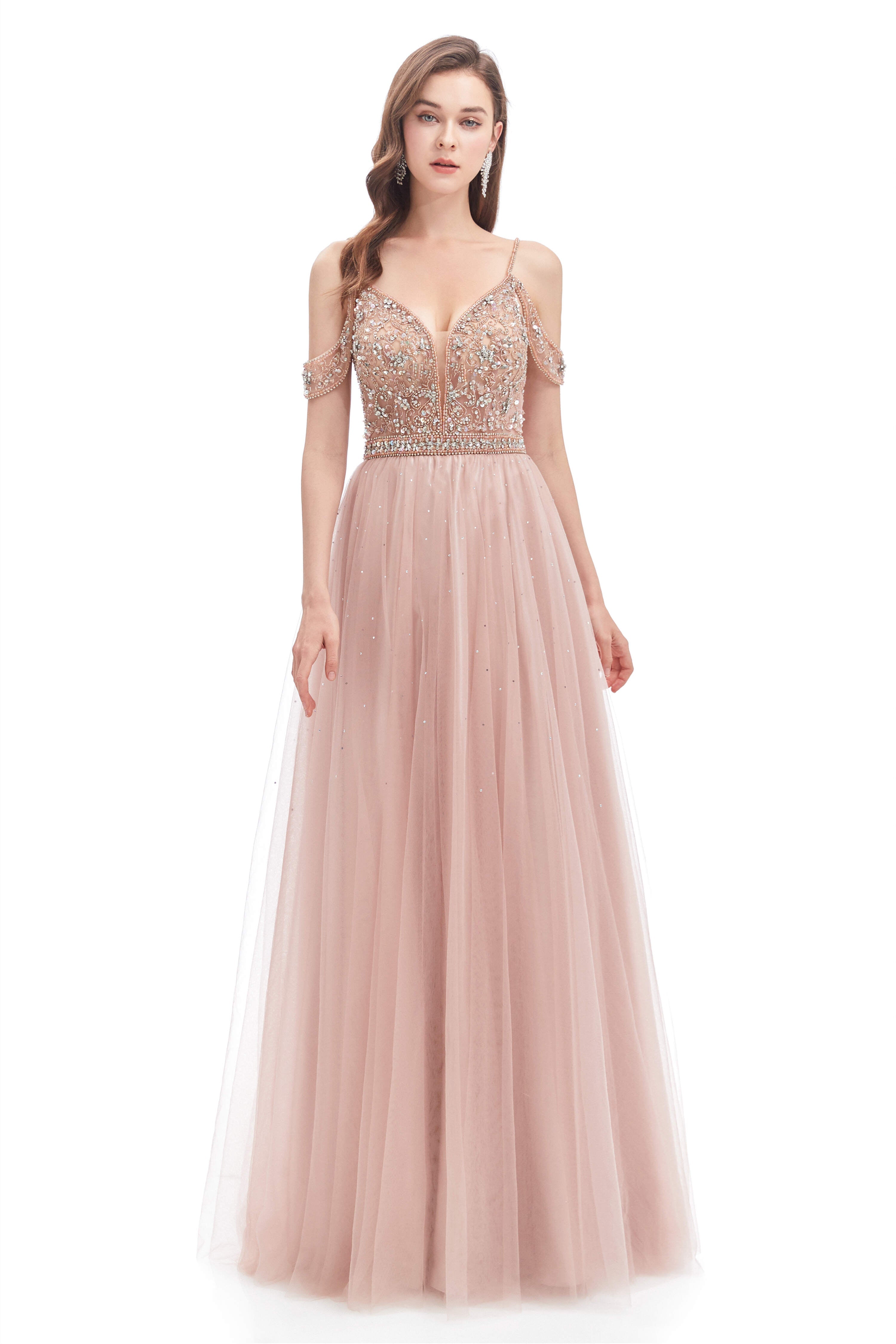 Formal Dressing For Ladies, Dusty Pink Crystal Sparkle Starry Prom Dresses with Straps Backless