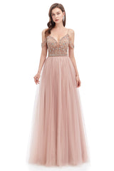 Formal Dresses Nearby, Dusty Pink Crystal Sparkle Starry Prom Dresses with Straps Backless