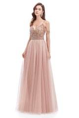 Formal Dress Prom, Dusty Pink Crystal Sparkle Starry Prom Dresses with Straps Backless