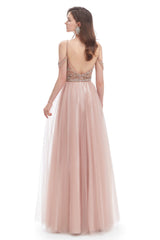 Formal Dresses Long Elegant, Dusty Pink Crystal Sparkle Starry Prom Dresses with Straps Backless