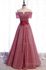Evening Dress Elegant, Dusty Pink Off-the-Shoulder Applique Beaded Long Formal Dress