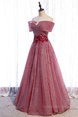 Evening Dress Shop, Dusty Pink Off-the-Shoulder Applique Beaded Long Formal Dress
