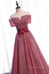 Evening Dresses Store, Dusty Pink Off-the-Shoulder Applique Beaded Long Formal Dress