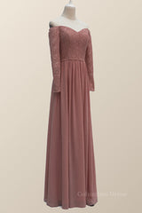 Party Dresses Modest, Dusty Rose Lace Long Sleeves Long Bridesmaid Dress