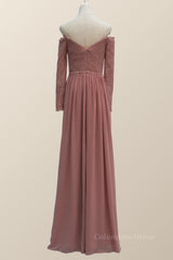 Party Dress Modest, Dusty Rose Lace Long Sleeves Long Bridesmaid Dress