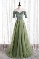 Off Shoulder Prom Dress, Dusty Sage Beaded Illusion Neck Off-the-Shoulder Long Formal Dress with Sleeves