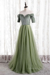 Satin Bridesmaid Dress, Dusty Sage Beaded Illusion Neck Off-the-Shoulder Long Formal Dress with Sleeves