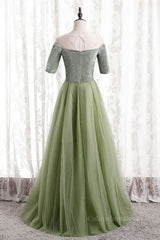 Wedding Party Dress, Dusty Sage Beaded Illusion Neck Off-the-Shoulder Long Formal Dress with Sleeves