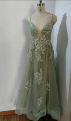 Prom Dress Patterns, Dusty Sage Plunging V Neck Appliques Lace-Up A-line Long Prom Dress