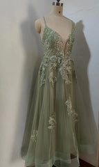 Prom Dresses With Slits, Dusty Sage Plunging V Neck Appliques Lace-Up A-line Long Prom Dress