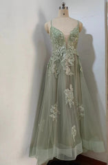 Prom Dresses Long Ball Gown, Dusty Sage Plunging V Neck Appliques Lace-Up A-line Long Prom Dress