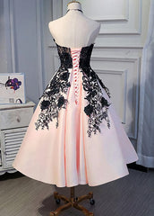 Prom Dress Blue, Cute Pearl Pink Tea Length Satin With Lace Applique Party Dress