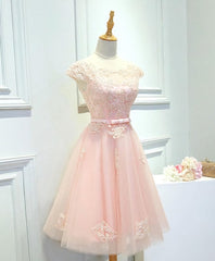 Blue Gown, Pink Lace Tulle Short Prom Dress, Pink Evening Dress