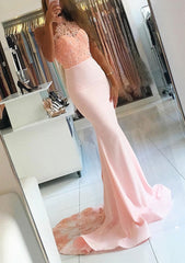 Party Dress For Teens, Elastic Satin Court Train Trumpet/Mermaid Sleeveless Halter Covered Button Prom Dress With Beaded