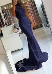 Party Dress Website, Elastic Satin Court Train Trumpet/Mermaid Sleeveless Halter Covered Button Prom Dress With Beaded