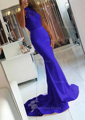 Party Dresses Website, Elastic Satin Court Train Trumpet/Mermaid Sleeveless Halter Covered Button Prom Dress With Beaded