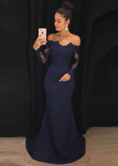Party Dresses Summer, Elastic Satin Prom Dress Sheath/Column Off-The-Shoulder Court Train With Lace