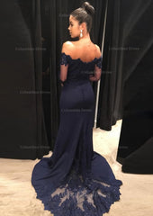 Party Dress For Summer, Elastic Satin Prom Dress Sheath/Column Off-The-Shoulder Court Train With Lace