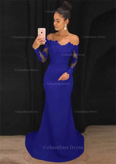 Party Dresses For Summer, Elastic Satin Prom Dress Sheath/Column Off-The-Shoulder Court Train With Lace