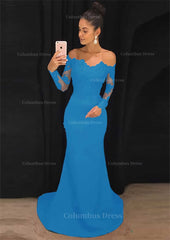 Party Dresses For Teenage Girls, Elastic Satin Prom Dress Sheath/Column Off-The-Shoulder Court Train With Lace