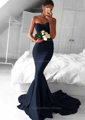 Bridesmaid Dress Long Sleeve, Elastic Satin Prom Dress Trumpet/Mermaid Sweetheart Court Train With Pleated