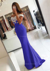 Spring Wedding Color, Elastic Satin Prom Dress Trumpet/Mermaid V-Neck Sweep Train With Lace