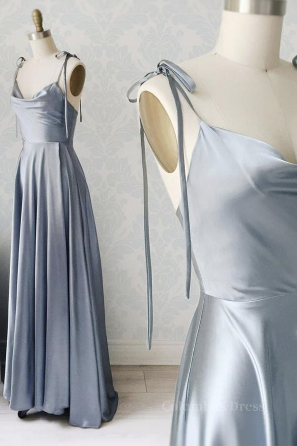 Formal Dresses Gowns, Elegant A Line Gray Satin Long Prom Dresses, Gray Formal Graduation Evening Dresses