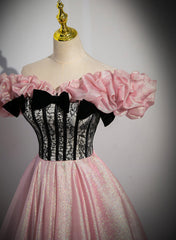 Grad Dress, Elegant A-line Pink Off Shoulder Long Evening Dress, Pink with Black Lace Long Prom Dress