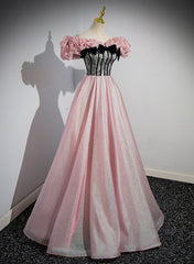 Beach Dress, Elegant A-line Pink Off Shoulder Long Evening Dress, Pink with Black Lace Long Prom Dress