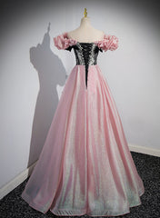 Bridesmaid Dresses Formal, Elegant A-line Pink Off Shoulder Long Evening Dress, Pink with Black Lace Long Prom Dress