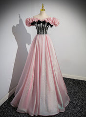 Gold Dress, Elegant A-line Pink Off Shoulder Long Evening Dress, Pink with Black Lace Long Prom Dress