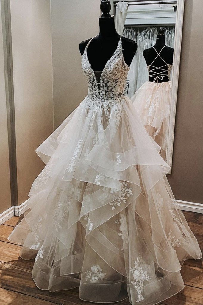 Wedding Dress Designer, Elegant A-line V Neck Backless Appliques Tulle Lace Wedding Dresses,Bridal Gown