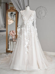 Wedding Dress Princess, Elegant Beach Lace Wedding Dresses,White Long Sleeve Women Garden Bridal Gown